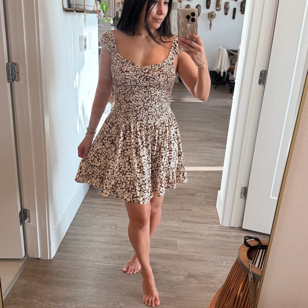 Urban Outfitters Brown and White Floral Mini Dress, Size Medium